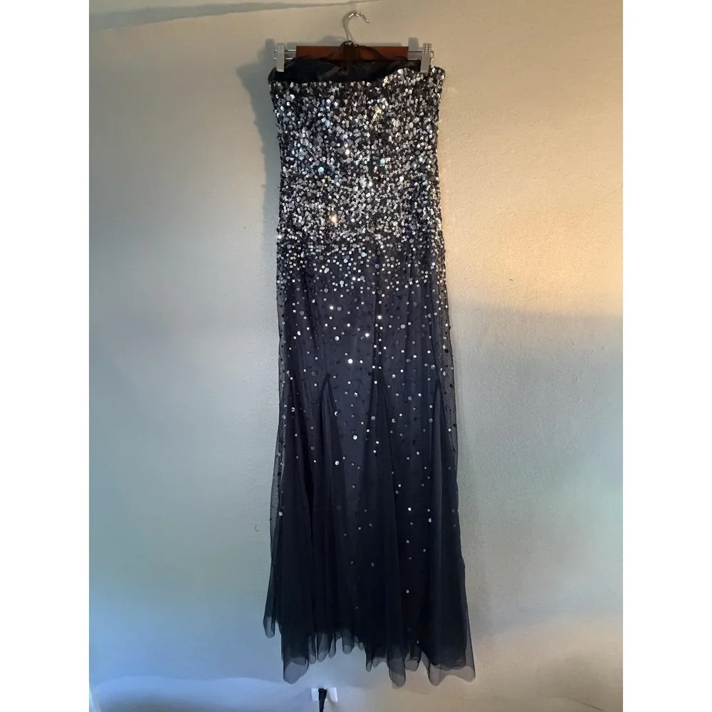 Adrianna Papell Dress Womens 8 Black Sequin Strapless Tulle Maxi Gown Formal